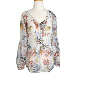 Sundance White Floral Silk Blouse - Orange and Green Accents